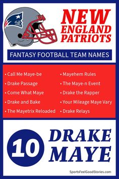 Check out these Drake Maye Fantasy Football Names. Football Team Names Ideas, Drake Maye Patriots, Drake Passage, Drake University