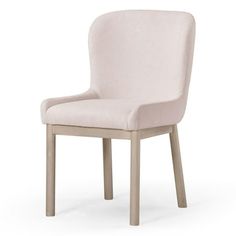 an upholstered chair with wooden legs and a light colored fabric seat, viewed from the front