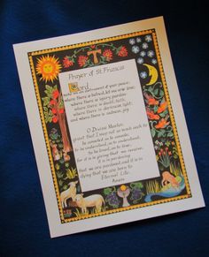 a card with a poem written in it on a blue background that says property of st frances