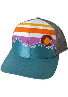 a colorful hat with mountains on it