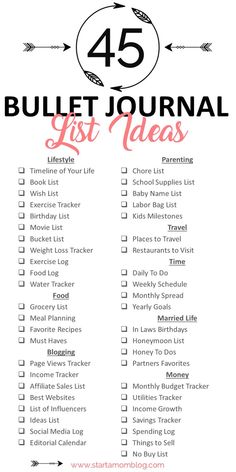 Bullet Journal List and Layout Ideas! #bulletjournal Bullet Journal List Ideas, Journal List, Start A Mom Blog, Journal Guide, Bullet Journal Lists, Penanda Buku, Bujo Planner