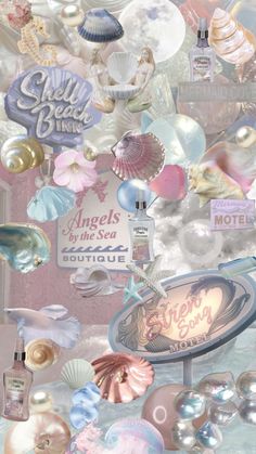 an assortment of perfume bottles and seashells are shown in this digital collage