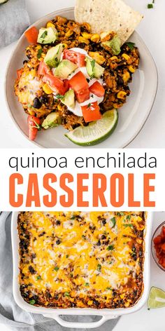 an enchilada casserole in a white dish with tortilla chips on the side