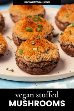 vegan stuffed mushrooms on a plate with text overlay