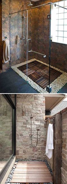 two pictures of a bathroom with stone walls and wood flooring, one has a glass shower