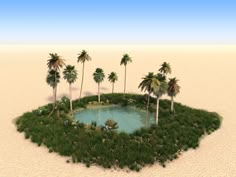 an island with palm trees on it in the middle of the desert, surrounded by water