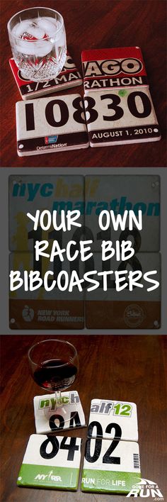 two coasters with numbers on them and the words your own race bibcoasters