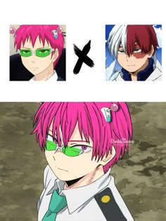 two anime characters with pink hair and green glasses