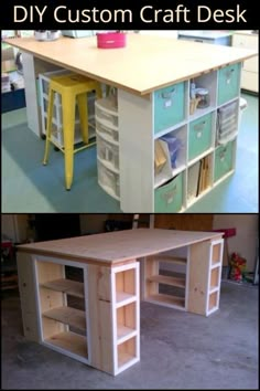 two pictures side by side with the same desk top and bottom one has drawers on both sides