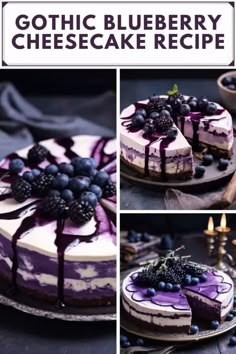 blueberry cheesecake recipe with blackberries on top and purple icing in the middle