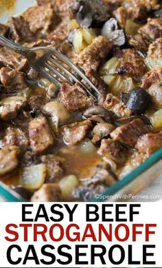 an easy beef stroganooffe casserole with mushrooms and olives