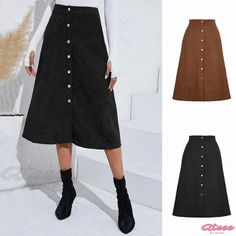 Qteee - High-Waisted Corduroy Midi Skirt with Single-Breasted Button Closure Solid Skirt With Button Closure For Fall, Solid Color Skirt With Button Closure For Fall, Trendy Buttoned Skirt For Winter, Knee-length Bottoms With Buttons For Fall, Knee-length Fall Bottoms With Buttons, Trendy Winter Skirt With Buttons, Fall Knee-length Bottoms With Buttons, Casual Fall Skirt With Buttons, Knee-length Button Skirt For Winter