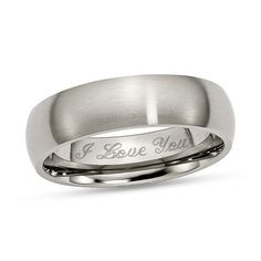 a wedding band with the words i love you engraved on it, in white gold