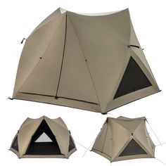 three different views of the back and side of a tent with two tents attached to it