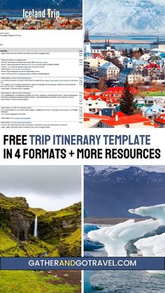 the iceland travel guide is shown in four different pictures with text that reads free trip itiner