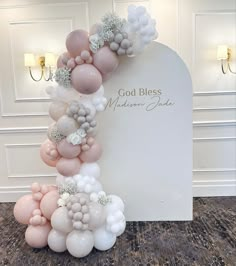 mamapoppins instagram Baby Girl Balloon Arch, Girl Christening Decorations, Baby Dedication Party, Christening Balloons, Christening Decorations, First Communion Decorations, Communion Decorations, Bridal Shower Balloons, Deco Champetre