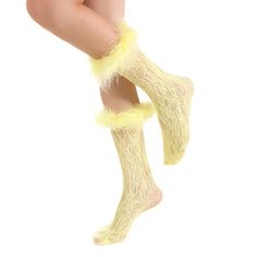 Be bold and stand out with these Destiny Feather Trim Lace Crew Socks! These raiment-ready beauties have the perfect amount of y2k vibes, and can pull up to mid calf or slouch, so you can 'flex' your style in any way you please. Semi-sheer nylon socks patterned in all-over crochet style lace. Hand-sewed feather trim just screams glam. Complete with a stretchy spandex cuff. So whether you're feeling more 'short and sweet' or edgy and elongated, these pastel yellow aesthetic socks will take you st Pastel Yellow Aesthetic, Aesthetic Socks, Yellow Aesthetic Pastel, Lace Stockings, Nylon Socks, Crochet Style, Feather Trim, Y2k Vibes, Crew Sock