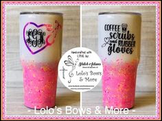 two coffee mugs with pink and white glitter on them, one is decorated with the names