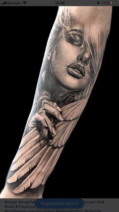 a woman's arm with tattoos on it, and an image of her face