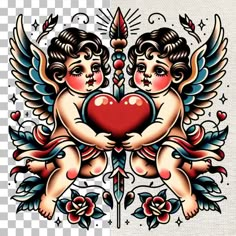 two cherubs holding a heart with wings and roses on them, both in red and