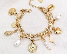 Gold Coin Bracelet, Paris Charm Bracelet, Chunky Gold Bracelet, Vintage Gold Bracelet, Gold Snake Chain, Coin Bracelet, Chunky Bracelets, Vintage Bracelet, Gold Coin