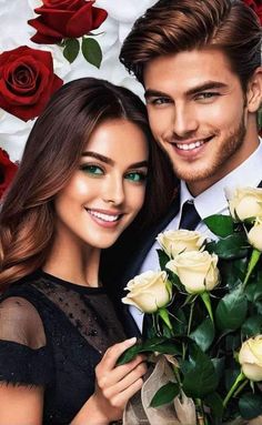 a man and woman posing for a photo with roses