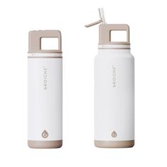 thermos bottle is white and beige with a straw in its mouth, on a white background