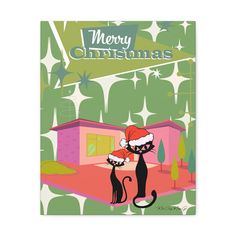 a christmas card with a black cat in front of a pink house and green trees