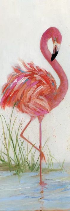 a painting of a pink flamingo standing in the water