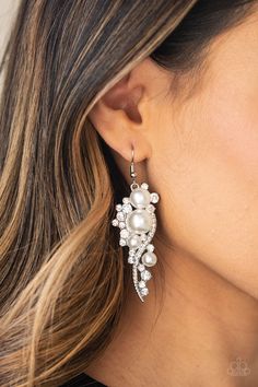 High-End Elegance White Earring Paparazzi Accessories Jewelry, Paparazzi Accessories, White Rhinestone, Paparazzi Jewelry, White Earrings, Rhinestone Earrings, Gorgeous Earrings, Boutique Jewelry, Silver Frame