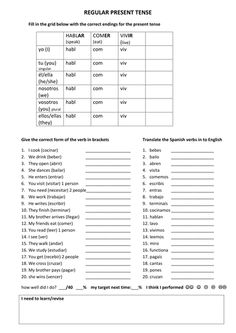 the irregular present tense worksheet is shown in black and white, with an image of