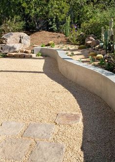 a stone walkway in the middle of a garden with rocks and cacti on either side