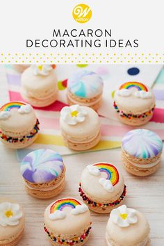 macaron decorating ideas are displayed on a table with rainbows and clouds