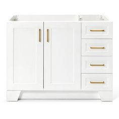 a white bathroom vanity with gold handles and drawers on the bottom cabinet, against a white background