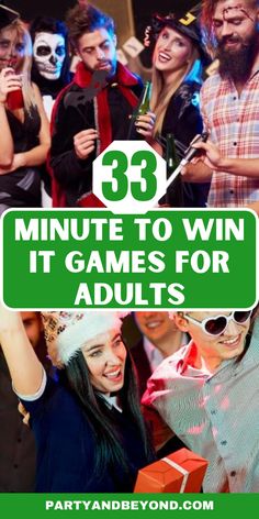 a group of people wearing costumes with the words 39 minute to win it games for adults