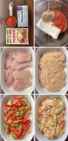 six pictures showing different types of food in separate bowls, including meats and vegetables