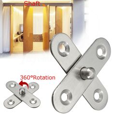 stainless steel cabinet door hinges with holes and screws on each side, showing the