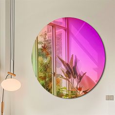 a round mirror hanging on the wall above a table with a plant in front of it