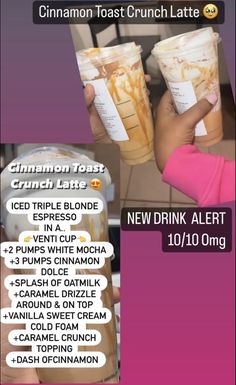 a person holding two cups with drinks in them and the text cinnamon toast crunch latte