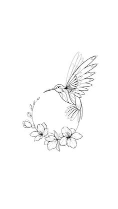 a black and white drawing of a hummingbird with flowers around it's neck