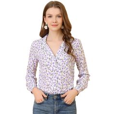 A dash of the soft fabric enhances the light and airy feel of this billowy floral-print blouse. Laden with ladylike charm, this lovely blouse is scattered with stylish hearts just right. In bright colors and with cute heart polka-dot patterns, this lightweight shirt is in a breezy silhouette. Featuring neat pintucks, this breezy and easygoing button-down shirt is patterned in sweetheart prints. Available in classic heart dots, the crisp fresh shirt is key to every woman's closet, which has great Feminine Blouse With Ditsy Floral Print, Spring Office Blouse With Print, Printed Spring Office Blouse, Elegant V-neck Shirt With Floral Print, Feminine Long Sleeve Blouse With Ditsy Floral Print, Feminine Floral Print Workwear Blouse, Feminine Floral Print Blouse For Work, Elegant V-neck Floral Print Shirt, Feminine Long Sleeve Ditsy Floral Print Top