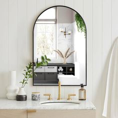 a bathroom with a mirror, sink and plants