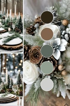 the table is decorated with pine cones, evergreens and white flowers in shades of green