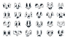 cartoon faces drawn in black and white on a white background, each with different expressions