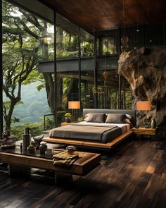 a large bed sitting inside of a bedroom on top of a wooden floor next to a window