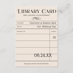 Vintage Library Book Card Wedding Escort Cards  Zazzle Library Check Out Cards, Zazzle Wedding, Vintage Library, Winter Wedding Inspiration, Card Wedding, Wedding Diy, Wedding Art, Library Books, Winter Wedding