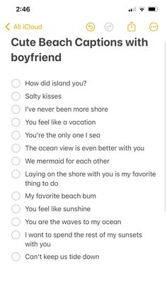 a list with the words cute beach captions with boyfrid written on it