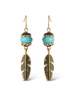 Turquoise Bead Feather Drop Earrings in Gold Boho Chic Earrings, Boho Modern, Chic Earrings, Earrings In Gold, Modern Chic, Turquoise Beads, Modern Boho, Gold Tone Metal, Jewelry Ideas