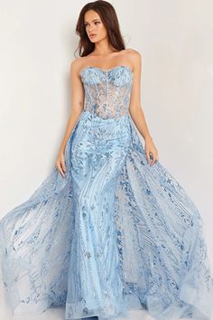 Jovani 26113 Strapless sheer corset illusion bodice with sequin glitter embellished pattern and overskirt. Formal Prom Dresses Long, Jovani Prom, Formal Prom Dress, Prom Dress Plus Size, Plus Size Party Dresses, Corset Bodice, Strapless Corset, Pageant Gowns, Tulle Gown