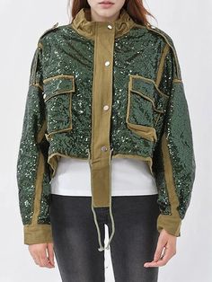 Sequined Everyday Blazer Cheap Jacket, Sequin Decor, Trendy Jackets, Sequin Jacket, A Jacket, Green Sequins, Casual Lace, Designer Style, Green Jacket